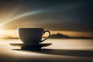 a cup of coffee on a table in front of the sun. AI-Generated photo