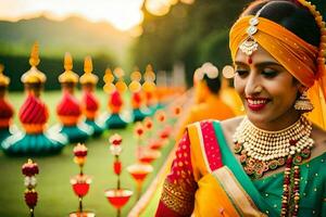 un hermosa indio novia en tradicional atuendo. generado por ai foto