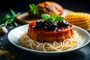 a plate with pasta, blueberries and corn. AI-Generated photo