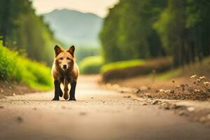 un zorro caminando abajo un la carretera en el medio de un bosque. generado por ai foto