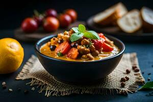 a bowl of curry with beans and vegetables. AI-Generated photo