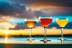 three glasses of wine on a table with sunset in the background. AI-Generated photo
