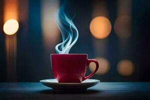 a red cup of coffee with smoke coming out of it. AI-Generated photo