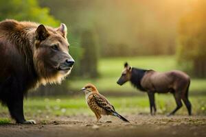 un león y un pájaro en pie siguiente a cada otro. generado por ai foto