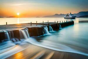 a cruise ship docked at the pier at sunset. AI-Generated photo