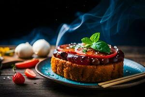 un pastel con Tomates y albahaca en un lámina. generado por ai foto