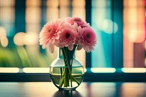 pink flowers in a vase on a table in front of a window. AI-Generated photo