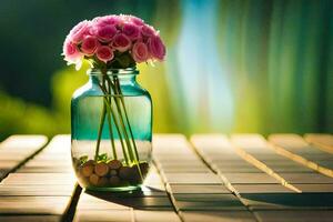 pink flowers in a glass vase on a wooden table. AI-Generated photo