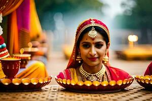 a woman in traditional indian attire is holding a plate of food. AI-Generated photo