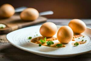 huevos en un plato con salsa y guarnación. generado por ai foto