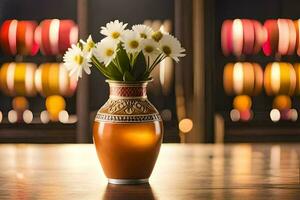 a vase with white flowers sitting on a table. AI-Generated photo