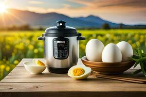 an instant pot and eggs on a table. AI-Generated photo