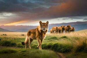 a lion stands in the middle of a field with other animals. AI-Generated photo