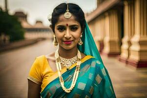 a beautiful indian woman wearing a sari and jewelry. AI-Generated photo