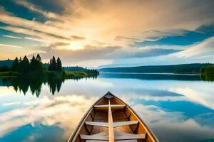 un canoa es flotante en un calma lago a puesta de sol. generado por ai foto