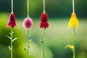 four different colored flowers hanging from strings. AI-Generated photo