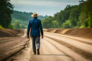 un hombre en un traje y sombrero camina abajo un suciedad la carretera. generado por ai foto