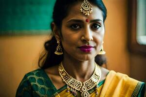 a woman in a traditional sari with gold jewelry. AI-Generated photo