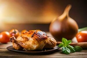 un pollo en un plato con Tomates y hierbas. generado por ai foto