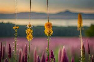 flowers hanging from a string in a field. AI-Generated photo