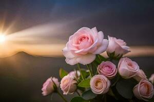 pink roses are in front of the sun. AI-Generated photo