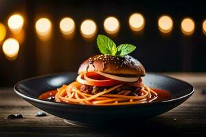 a plate with spaghetti and meatball on it. AI-Generated photo