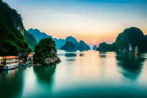 the sun sets over the water in halong bay. AI-Generated photo