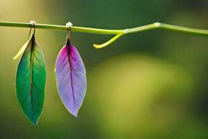 two colorful leaves hang from a branch. AI-Generated photo