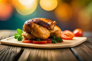 a chicken on a wooden cutting board with tomatoes and herbs. AI-Generated photo