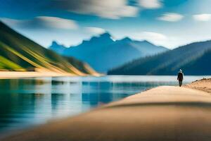 a man walks along a dock in front of a lake. AI-Generated photo