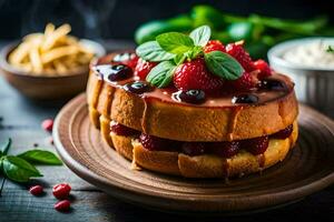 a cake with berries and cream on a wooden plate. AI-Generated photo