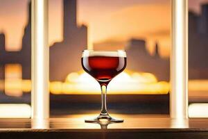 a glass of red wine sitting on a table in front of a city skyline. AI-Generated photo