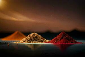 three different colored powders on a dark background. AI-Generated photo