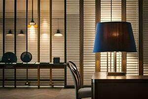 a lamp is sitting on a table in front of a window. AI-Generated photo