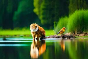 un Tigre y un pájaro son en pie en el agua. generado por ai foto