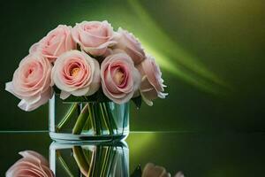 pink roses in a vase on a table. AI-Generated photo