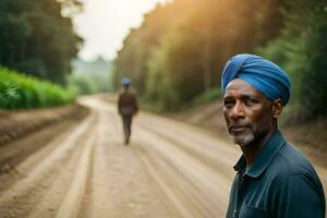a man in a turban walks down a dirt road. AI-Generated photo