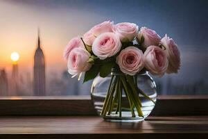 pink roses in a vase on a table with a city in the background. AI-Generated photo
