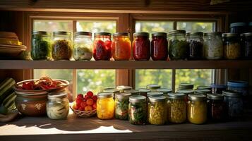 Multitude of glass jars with homemade preserves on shelves in farmhouse kitchen. Various canned vegetables, tomatoes, cucumbers, green peas, peppers, herbs, and more. For food blog, AI generated photo