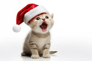 Sweet ginger kitten in Santa Claus Christmas hat meows loudly. On white background with copy space. Christmas postcard with cat pet. Merry Christmas. Happy New Year. Banner, AI generated photo