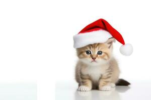 Sweet fluffy ginger kitten in Santa Claus Christmas hat on white background with copy space. Christmas postcard, background with cat pet. Merry Christmas. Happy New Year. Banner, AI generated photo