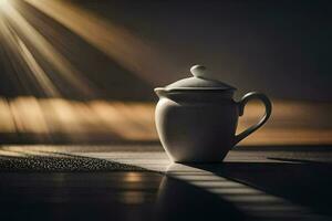 a white teapot sits on a table in the sunlight. AI-Generated photo