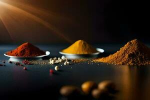 various spices and spices on a black background. AI-Generated photo