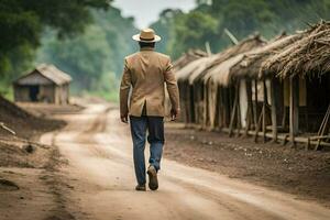 a man in a suit walks down a dirt road. AI-Generated photo