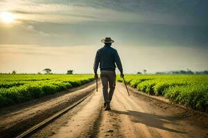 un hombre caminando en un suciedad la carretera en un campo. generado por ai foto