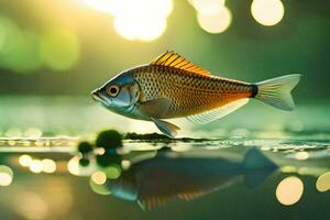 a fish is standing on the water with a green background. AI-Generated photo