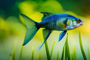 un pescado con azul y verde colores es en pie en el césped. generado por ai foto