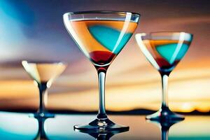 three martinis with colorful liquid in them. AI-Generated photo