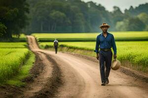 a man walking down a dirt road with a hat on. AI-Generated photo