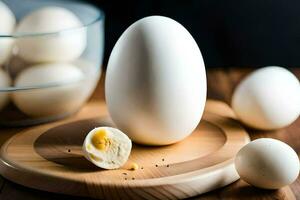 a white egg on a cutting board with other eggs. AI-Generated photo